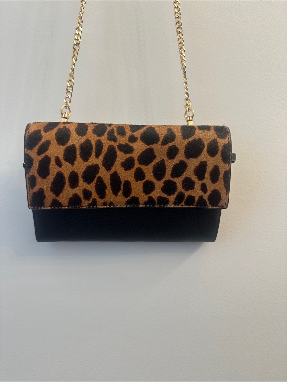 Vince Camuto Leopard Print & Black Leather Clutch with Removable Gold Chain